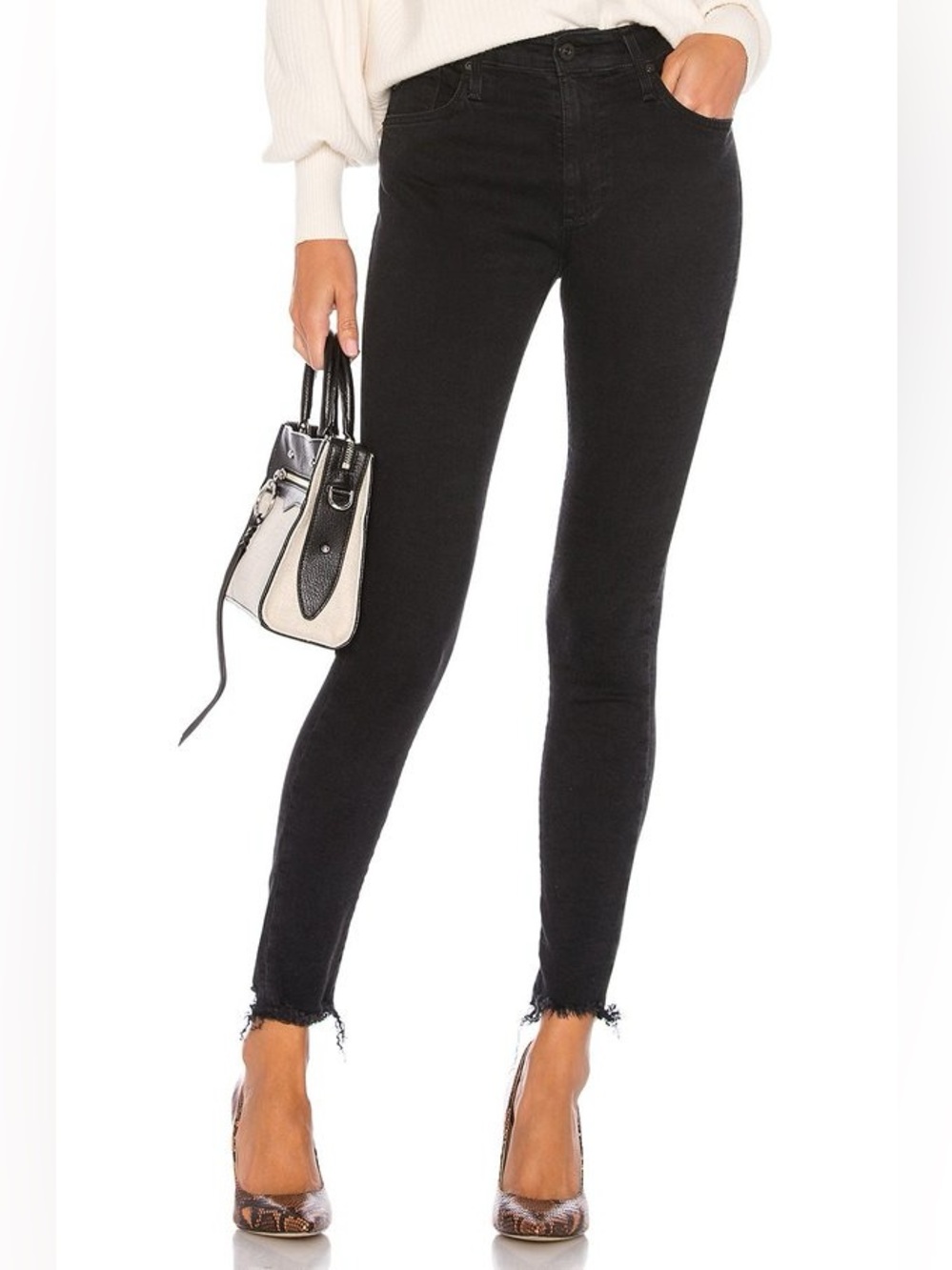 AG Adriano Goldschmied Farrah Ankle High-Rise Skinny Jeans Black Sz 27 Raw Hem